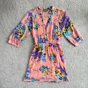 Maude Coral Peach Floral Dress Size Small, Purple Blue Yellow V-cut, 3/4 Sleeves